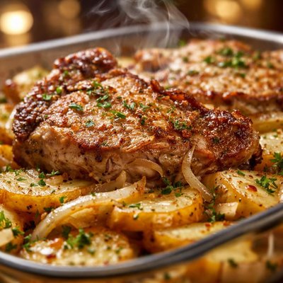Image of Pork Chops Potatoes and Onion Casserole