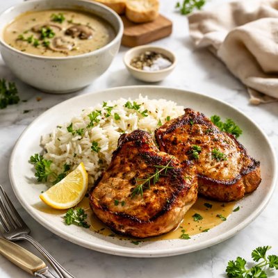 Image of Pork Chops W Rice and Mushroom Soup