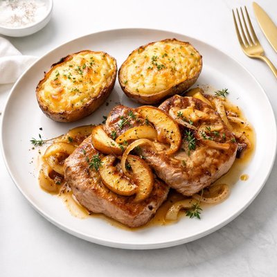 Image of Pork Chops with Apples Onions and Cheesy Baked Potatoes