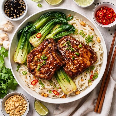Image of Pork Chops with Bok Choy and Rice Noodles