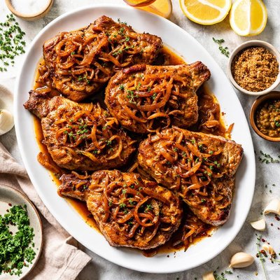 Image of Pork Chops with Bourbon Glazed Onions