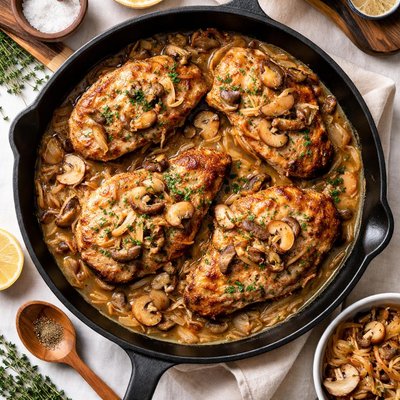 Image of Pork Chops with Caramelized Onion Mushroom Sauce