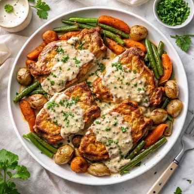 Image of Pork Chops with Creamy Gravy and Vegetables