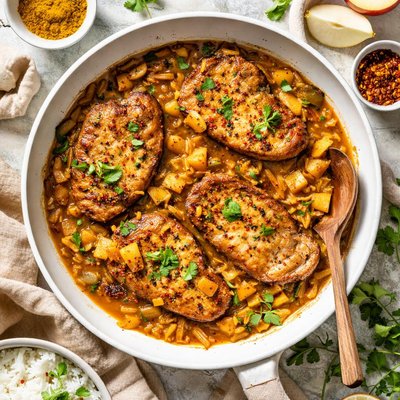 Image of Pork Chops with Curried Apple Onion Sauce