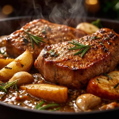 Image of Pork Chops with Garlic and Apples in Wine