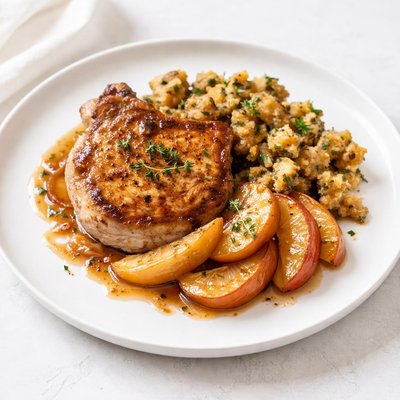 Image of Pork Chops with Glazed Apples and Stuffing