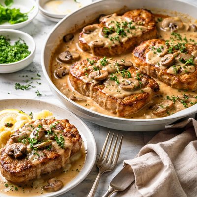 Image of Pork Chops with Mushroom Bourbon Cream Sauce