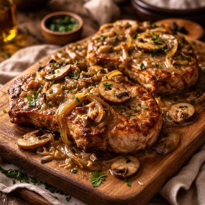 Image of Pork Chops with Onion and Mushroom Gravy