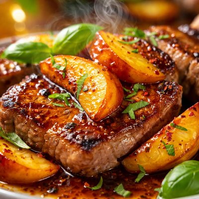 Image of Pork Chops with Peaches Bourbon and Basil