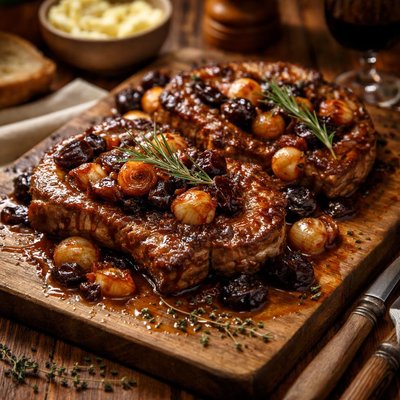 Image of Pork Chops with Pearl Onions in Prune Sauce Flambe