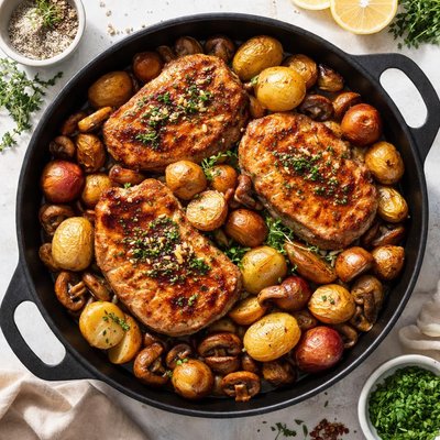 Image of Pork Chops with Potatoes and Mushrooms