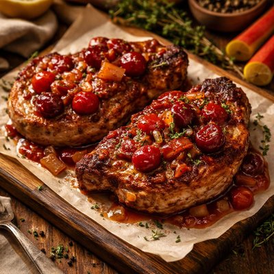 Image of Pork Chops with Rhubarb Cherry Sauce