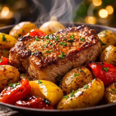 Image of Pork Chops with Roasted Peppers and Potatoes