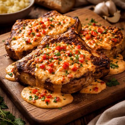Image of Pork Chops with Roasted Red Pepper Cream