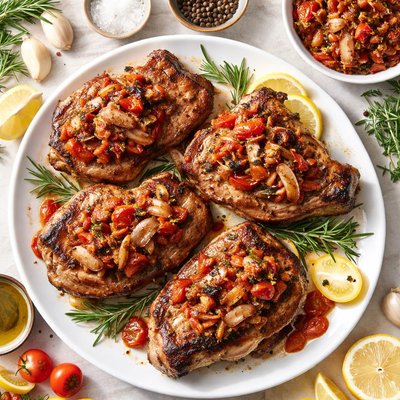 Image of Pork Chops with Roasted Shallot Tomato and Rosemary Relish