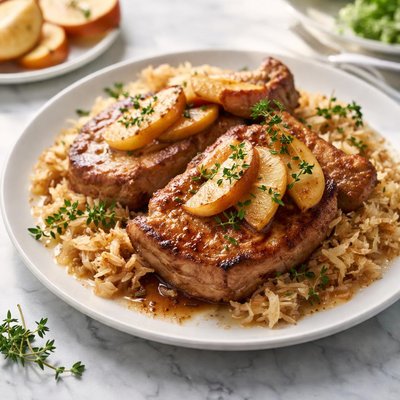 Image of Pork Chops with Sauteed Apples and Sauerkraut