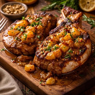 Image of Pork Chops with Tangy Creole Mustard Pineapple Sauce