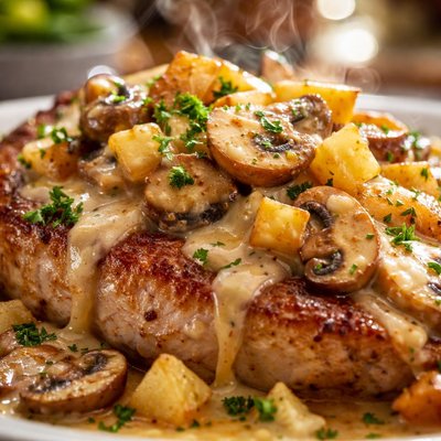 Image of Pork Cutlets with Normandy Style Mushroom and Applesauce