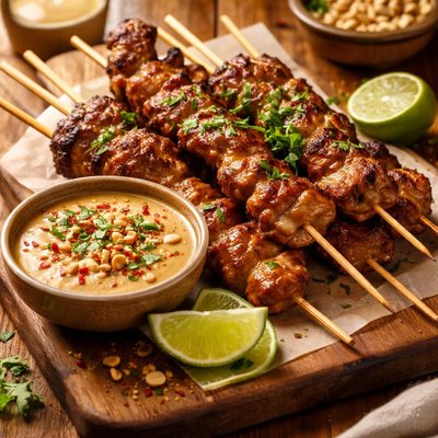Image of Pork Satay with Peanut Lime Dipping Sauce