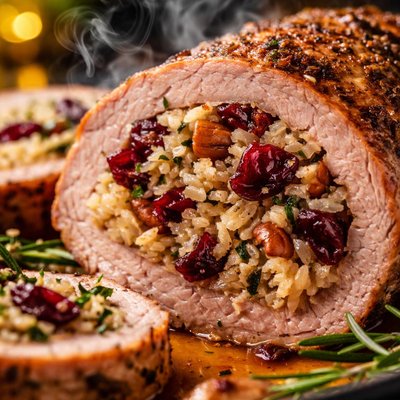 Image of Pork Tenderloin Stuffed with Cranberries Pecans Rice
