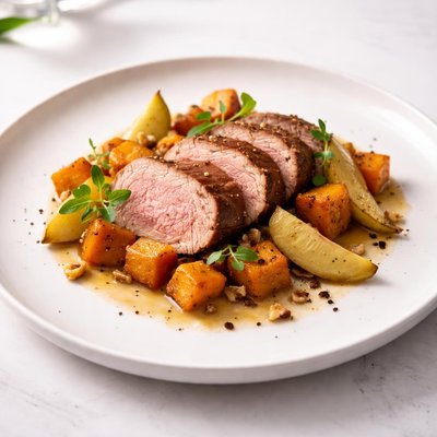 Image of Pork Tenderloin with Roasted Sweet Potatoes and Pears