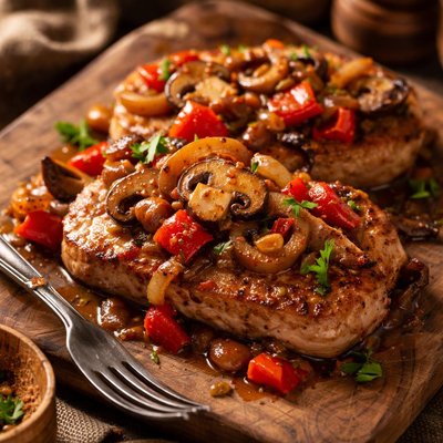 Image of Pork Top Loin with a Red Bell Pepper Mushroom and Onion Sauce