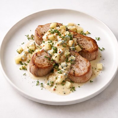 Image of Pork with a Blue Cheese Apple and Mustard Sauce