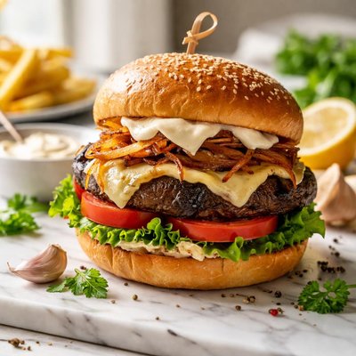 Image of Portabella and Gouda Burger with Garlic Mayo