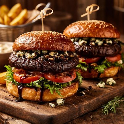 Image of Portabella Burgers with Balsamic and Blue Cheese