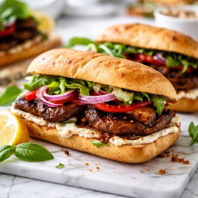 Image of Portabella Mushroom Sandwiches with Roasted Garlic Basil Mayo