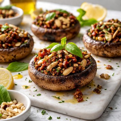 Image of Portabella Mushrooms Filled with Almonds and Dry Tomatoes