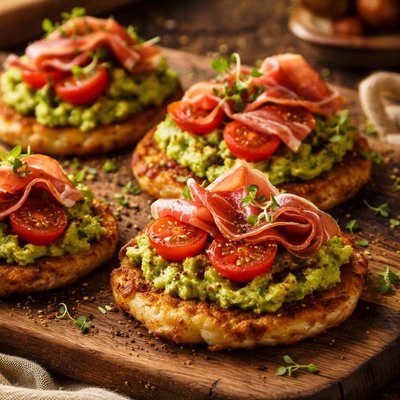 Image of Potato Cakes with Avocado Tomato and Prosciutto