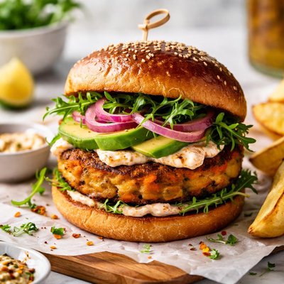 Image of Potato Carrot Burger with Spiced Mayo