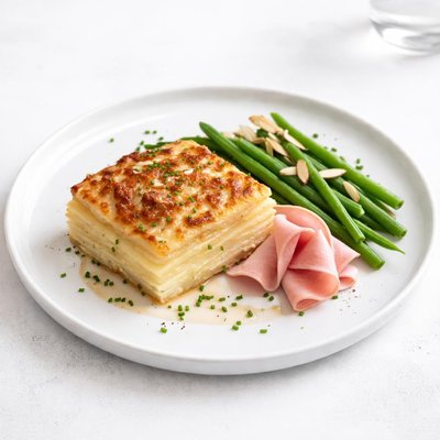 Image of Potato Gratin with Haricots Verts and Ham