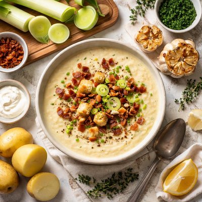 Image of Potato Leek and Roasted Garlic Soup