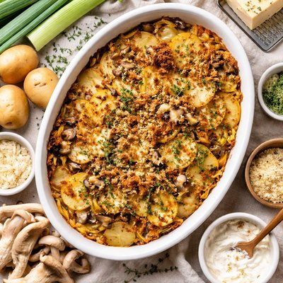 Image of Potato Leek Gruyere and Oyster Mushroom Gratin