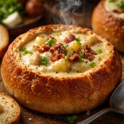 Image of Potato Leek Soup in Bread Bowls
