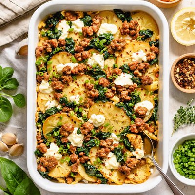 Image of Potato Strata with Spinach Sausage and Goat Cheese