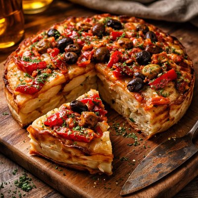 Image of Potato Torta with Roasted Red Peppers and Olives