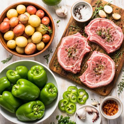 Image of Potatoes Green Peppers and Pork Chops