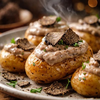 Image of Potatoes with a Mushroom Puree Garnished with Truffles