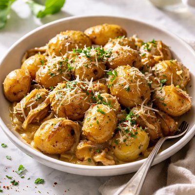 Image of Potatoes with Onion Sauce and Parmesan Cheese