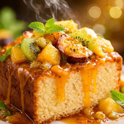 Image of Pound Cake with Tropical Fruit and Rum Apricot Sauce