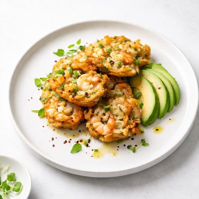Image of Prawn and Green Onion Fritters with Avocado