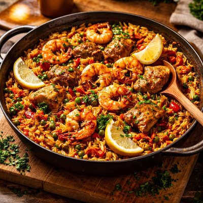 Image of Prawn Chicken Orzo Paella