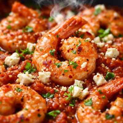 Image of Prawns in Spicy Tomato Sauce with Feta Cheese