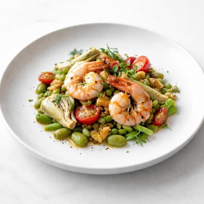 Image of Prawns with Fava Beans Artichoke Tomato Garlic and Herbs