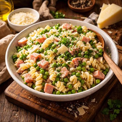 Image of Pretty Pasta Salad with Peas Parmesan and Ham
