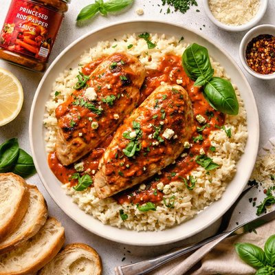 Image of Princess Roasted Red Pepper Chicken with Creamy Risotto