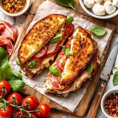Image of Prosciutto Tomato and Basil Grilled Cheese